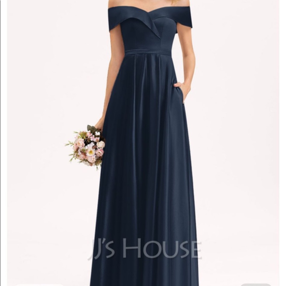 JJs House navy off the shoulder bridesmaid dress